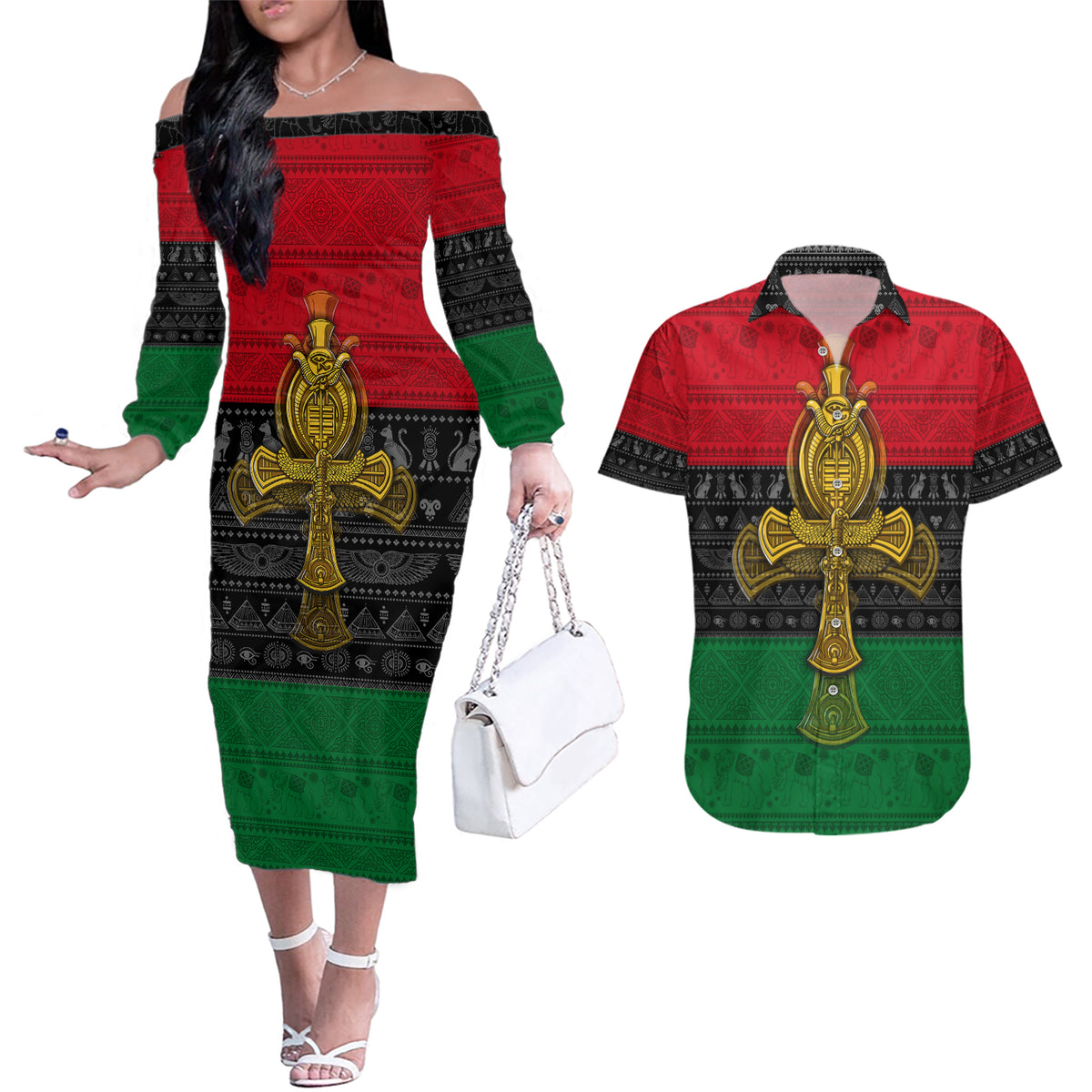 Pan African Ankh Couples Matching Off The Shoulder Long Sleeve Dress and Hawaiian Shirt - Wonder Print Shop