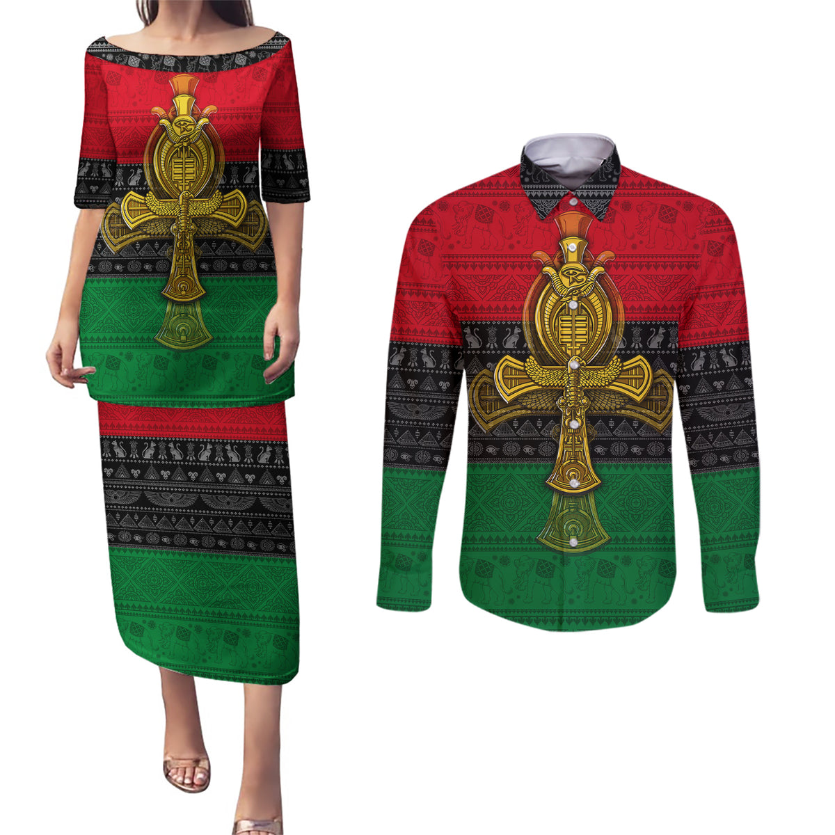 Pan African Ankh Couples Matching Puletasi Dress and Long Sleeve Button Shirts - Wonder Print Shop