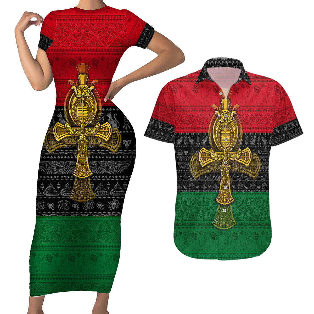 Pan African Ankh Couples Matching Short Sleeve Bodycon Dress and Hawaiian Shirt - Wonder Print Shop