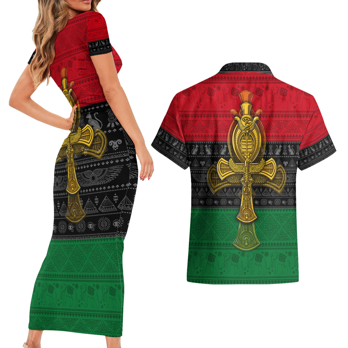 Pan African Ankh Couples Matching Short Sleeve Bodycon Dress and Hawaiian Shirt - Wonder Print Shop