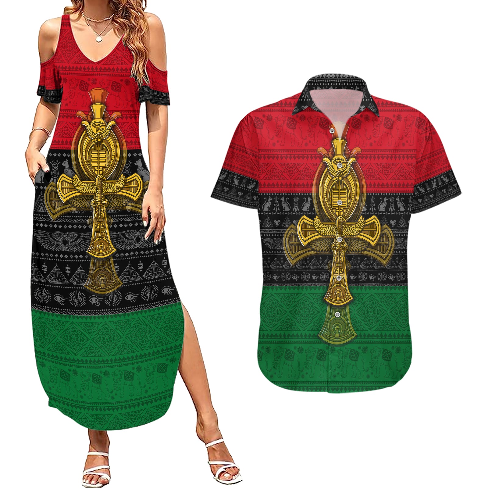 Pan African Ankh Couples Matching Summer Maxi Dress and Hawaiian Shirt - Wonder Print Shop
