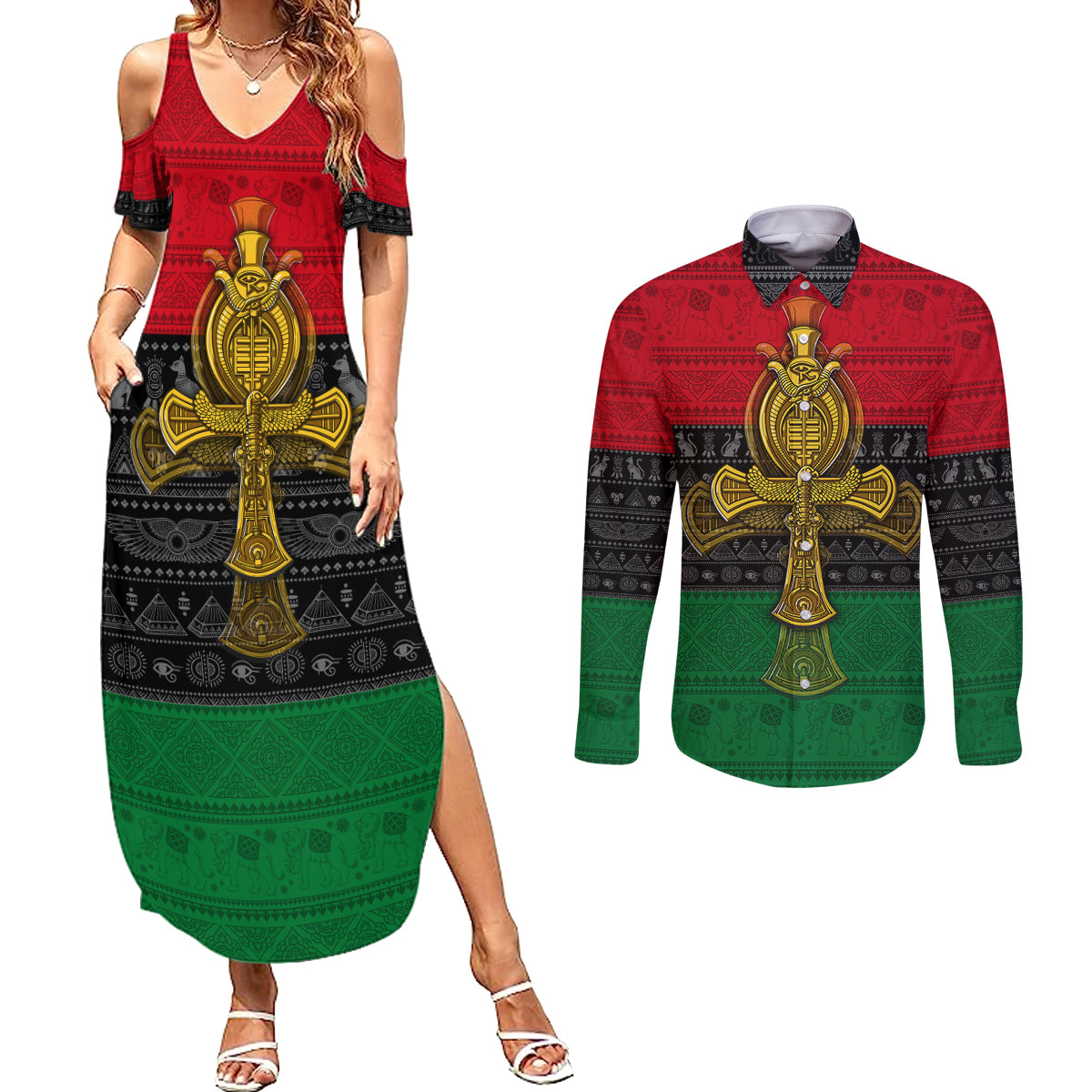 Pan African Ankh Couples Matching Summer Maxi Dress and Long Sleeve Button Shirts - Wonder Print Shop