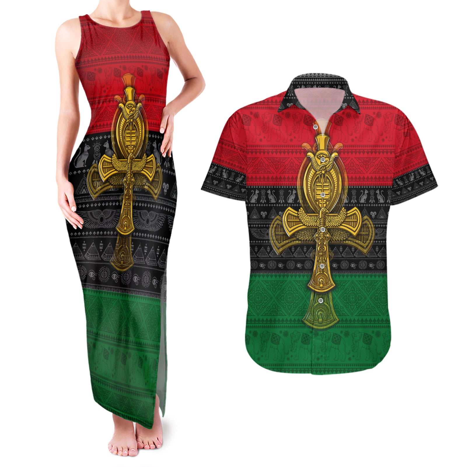 Pan African Ankh Couples Matching Tank Maxi Dress and Hawaiian Shirt - Wonder Print Shop