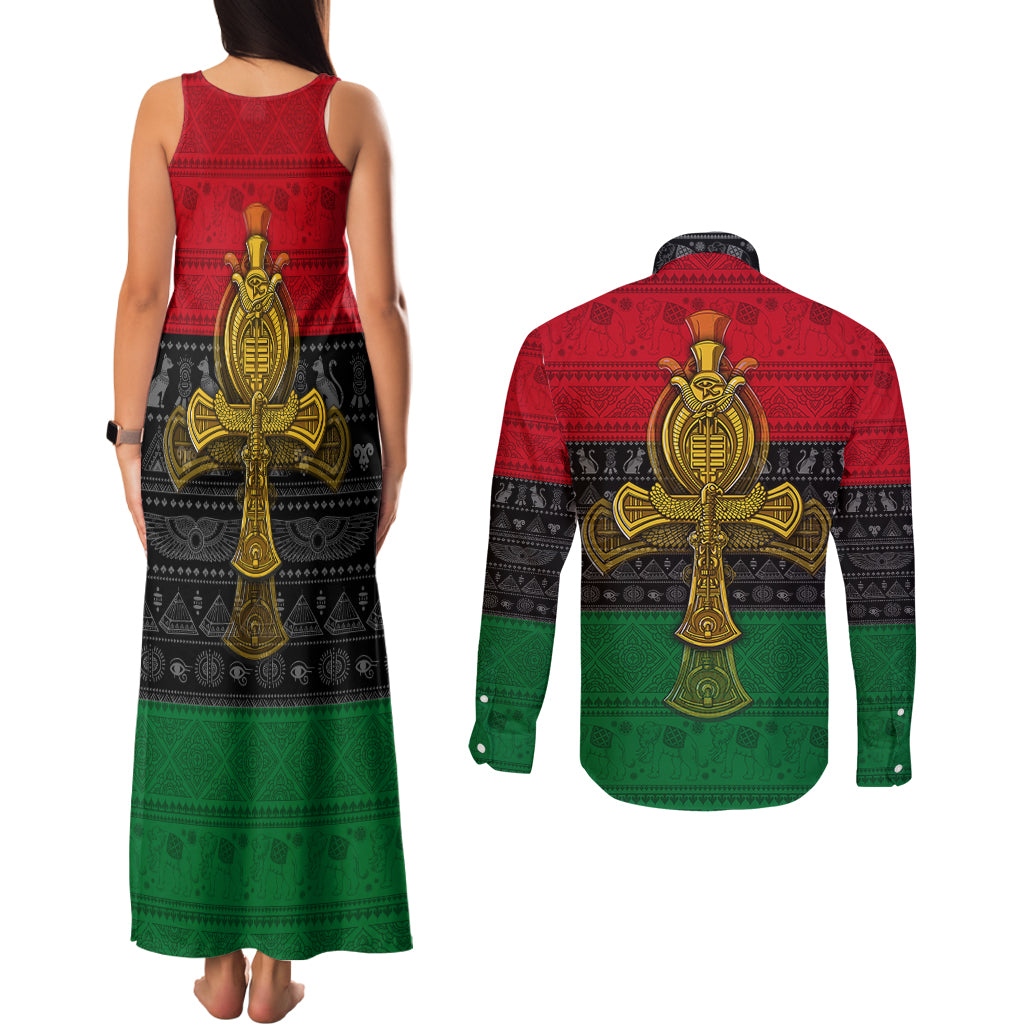 Pan African Ankh Couples Matching Tank Maxi Dress and Long Sleeve Button Shirts - Wonder Print Shop