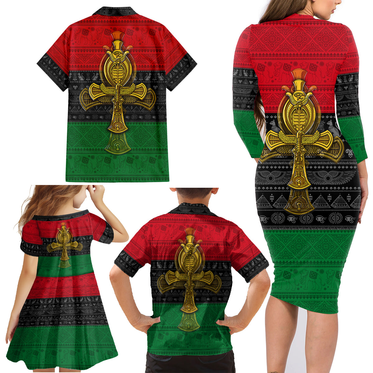 Pan African Ankh Family Matching Long Sleeve Bodycon Dress and Hawaiian Shirt - Wonder Print Shop