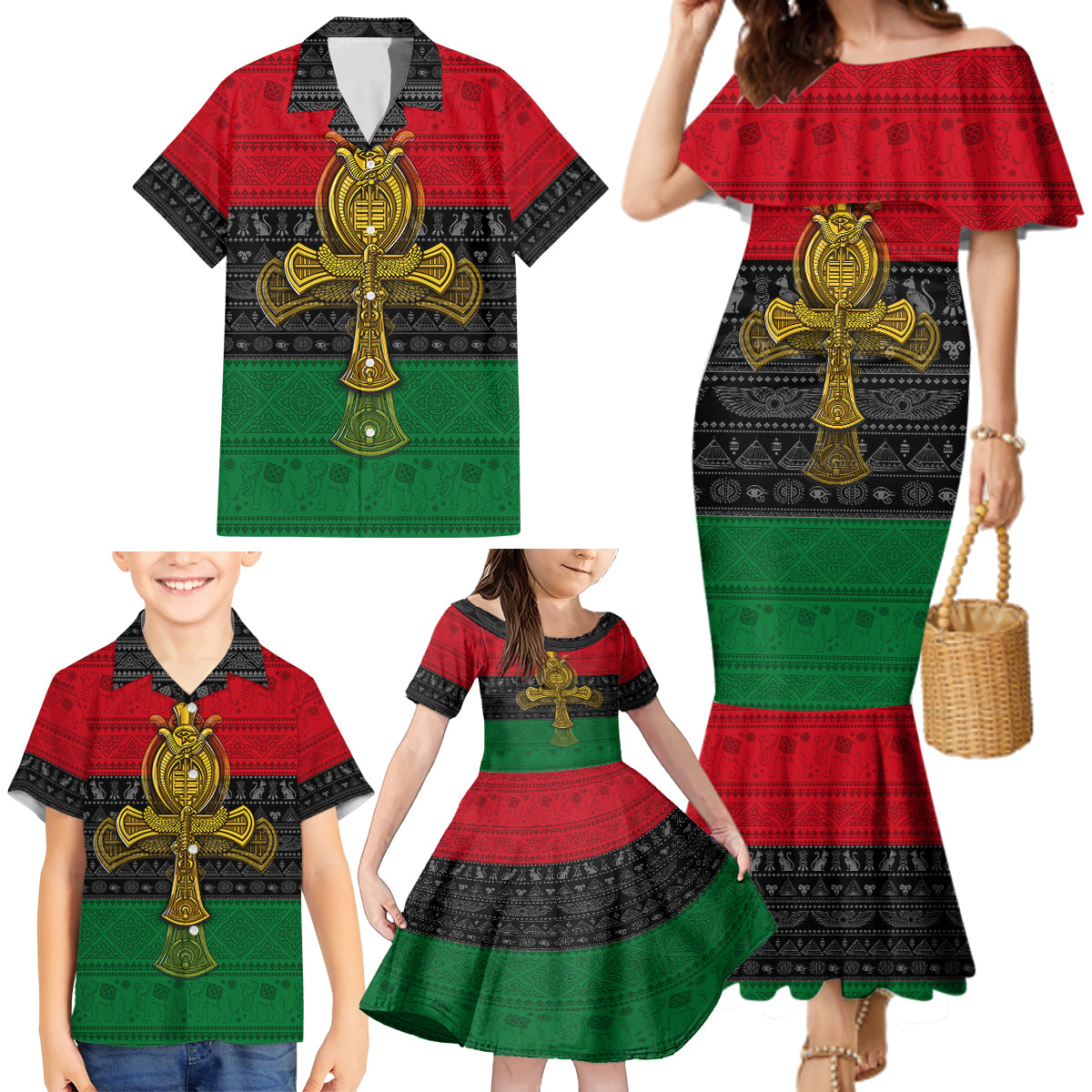 Pan African Ankh Family Matching Mermaid Dress and Hawaiian Shirt - Wonder Print Shop