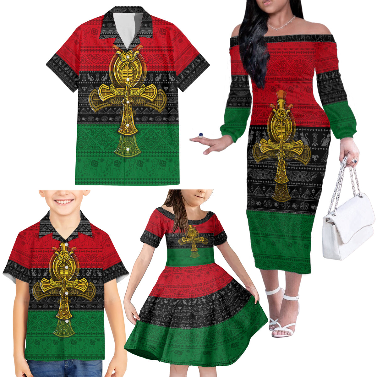 Pan African Ankh Family Matching Off Shoulder Long Sleeve Dress and Hawaiian Shirt - Wonder Print Shop