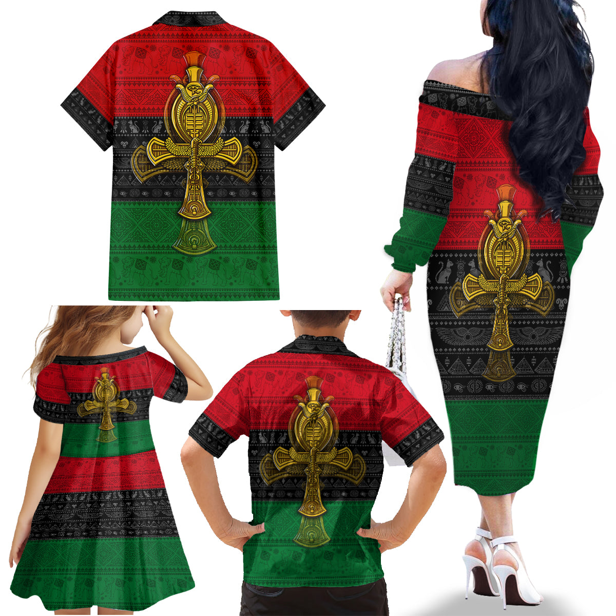 Pan African Ankh Family Matching Off Shoulder Long Sleeve Dress and Hawaiian Shirt - Wonder Print Shop