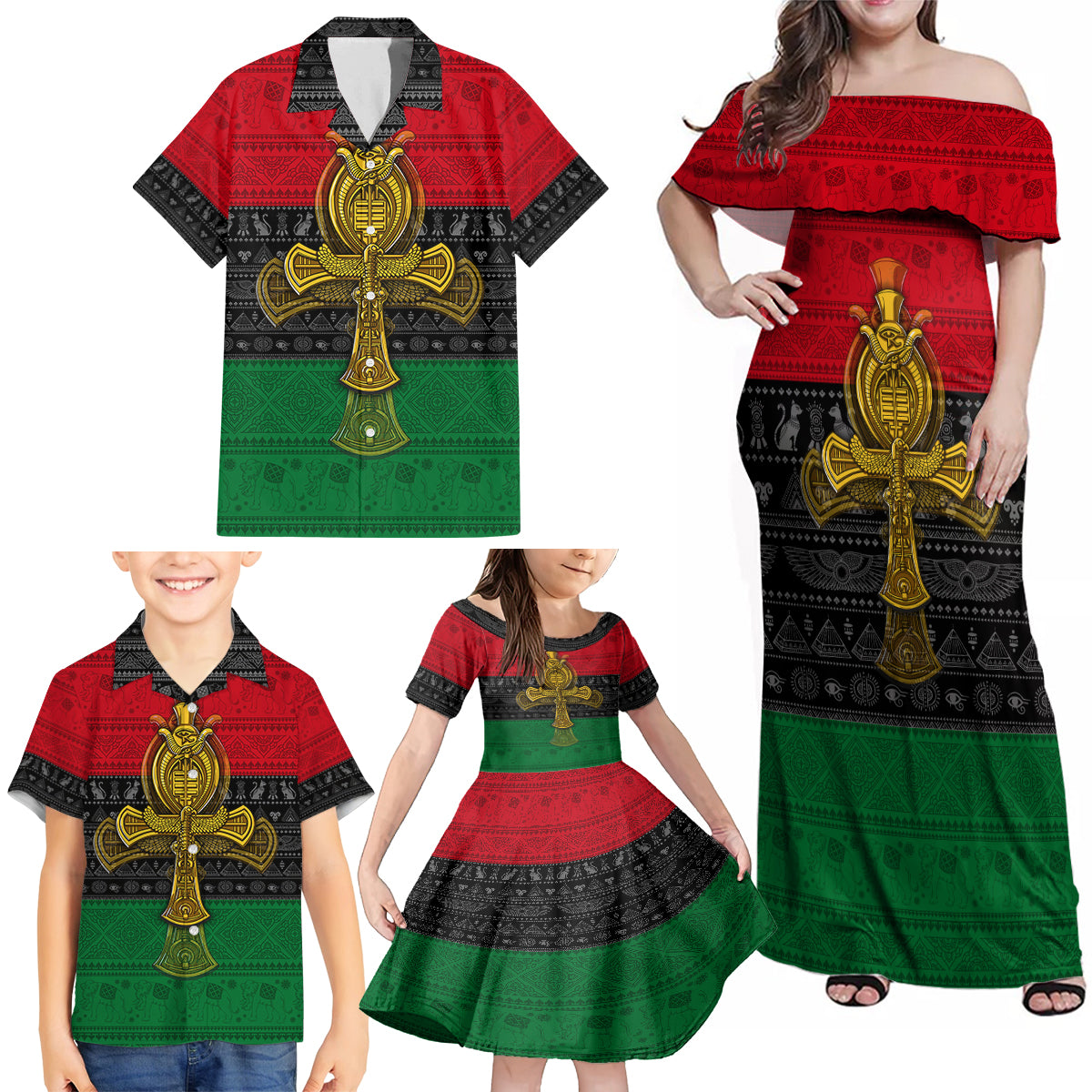 Pan African Ankh Family Matching Off Shoulder Maxi Dress and Hawaiian Shirt - Wonder Print Shop