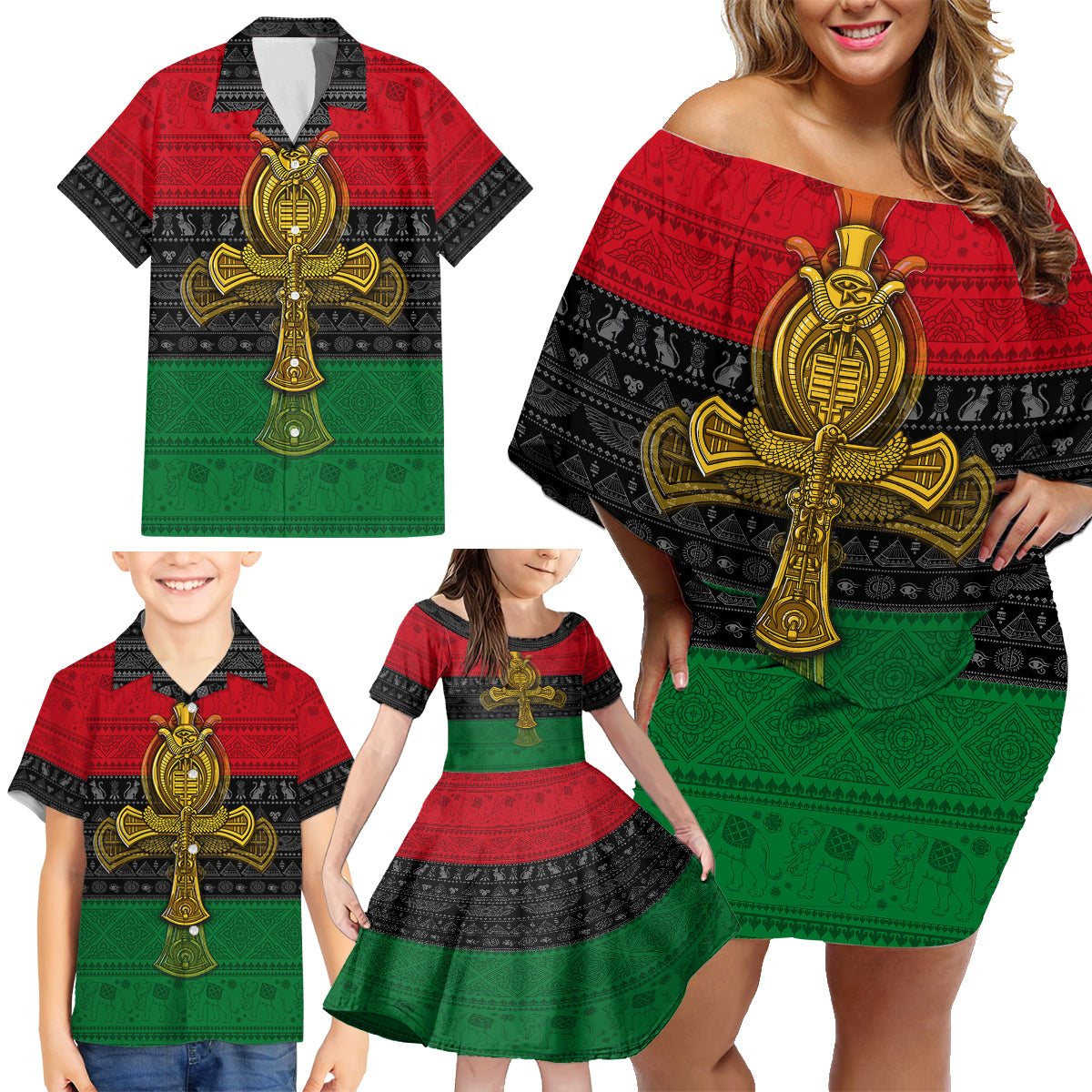 Pan African Ankh Family Matching Off Shoulder Short Dress and Hawaiian Shirt - Wonder Print Shop
