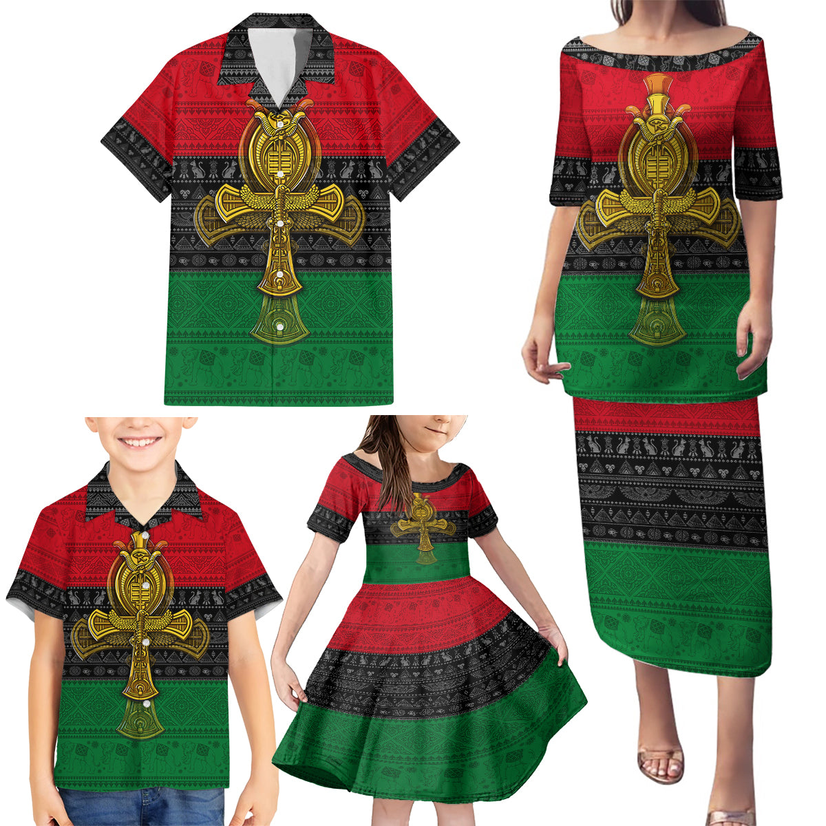 Pan African Ankh Family Matching Puletasi Dress and Hawaiian Shirt - Wonder Print Shop
