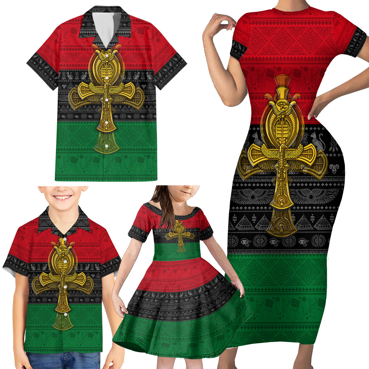 Pan African Ankh Family Matching Short Sleeve Bodycon Dress and Hawaiian Shirt - Wonder Print Shop