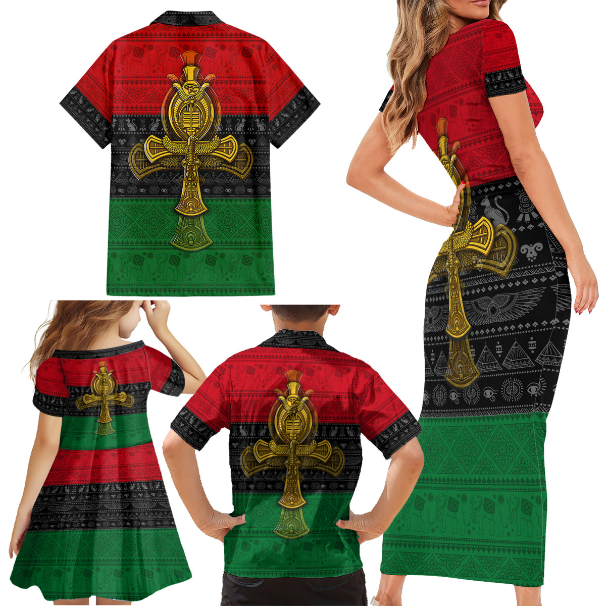 Pan African Ankh Family Matching Short Sleeve Bodycon Dress and Hawaiian Shirt - Wonder Print Shop