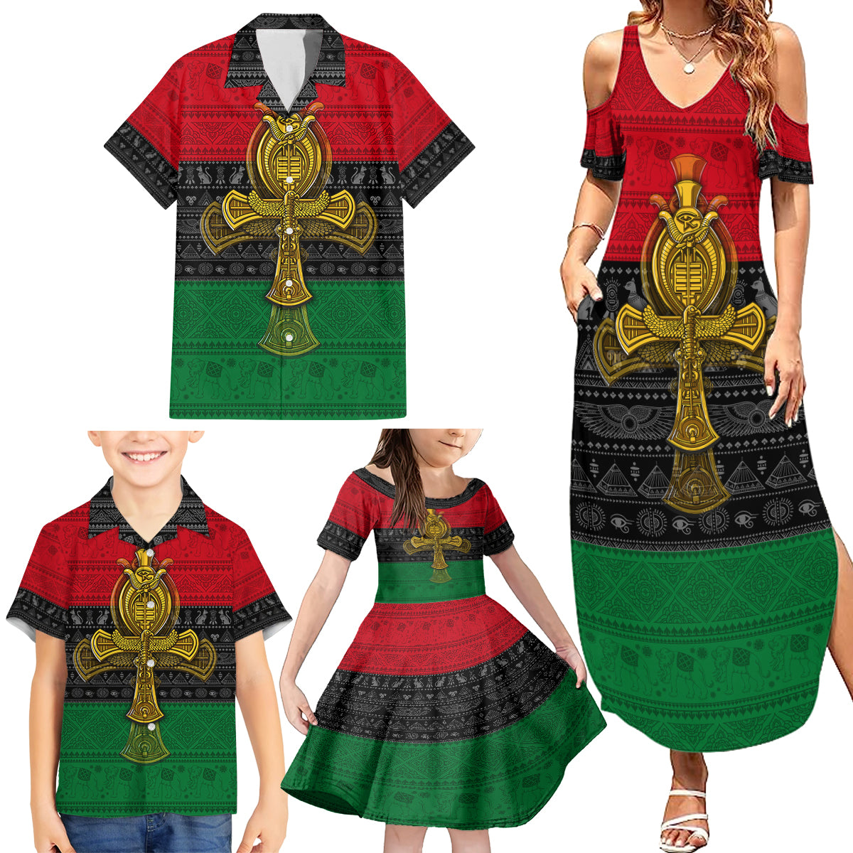 Pan African Ankh Family Matching Summer Maxi Dress and Hawaiian Shirt - Wonder Print Shop