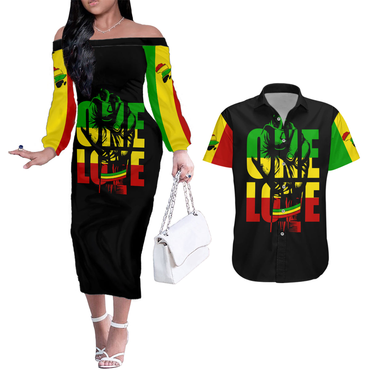 Reggae One Love Couples Matching Off The Shoulder Long Sleeve Dress and Hawaiian Shirt African - Wonder Print Shop