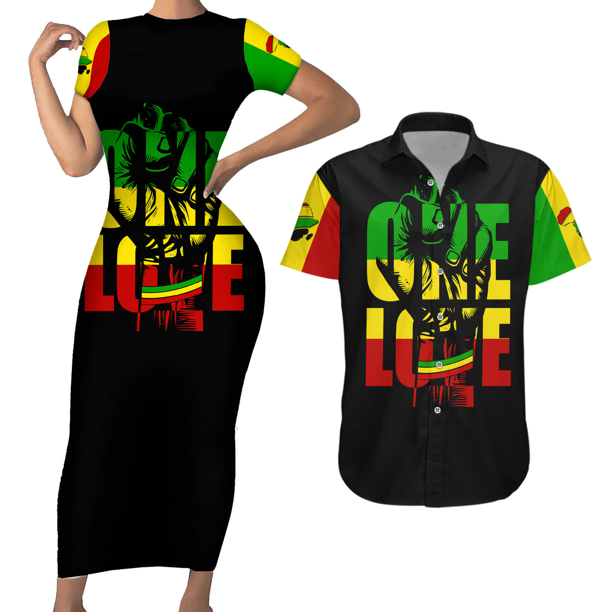 Reggae One Love Couples Matching Short Sleeve Bodycon Dress and Hawaiian Shirt African - Wonder Print Shop