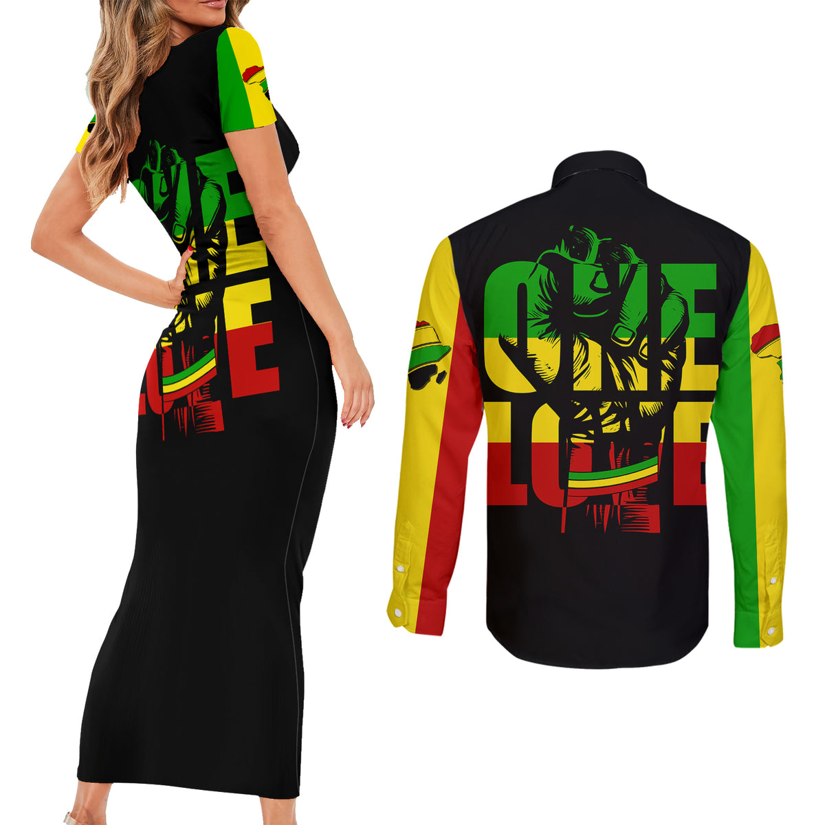 Reggae One Love Couples Matching Short Sleeve Bodycon Dress and Long Sleeve Button Shirts African - Wonder Print Shop