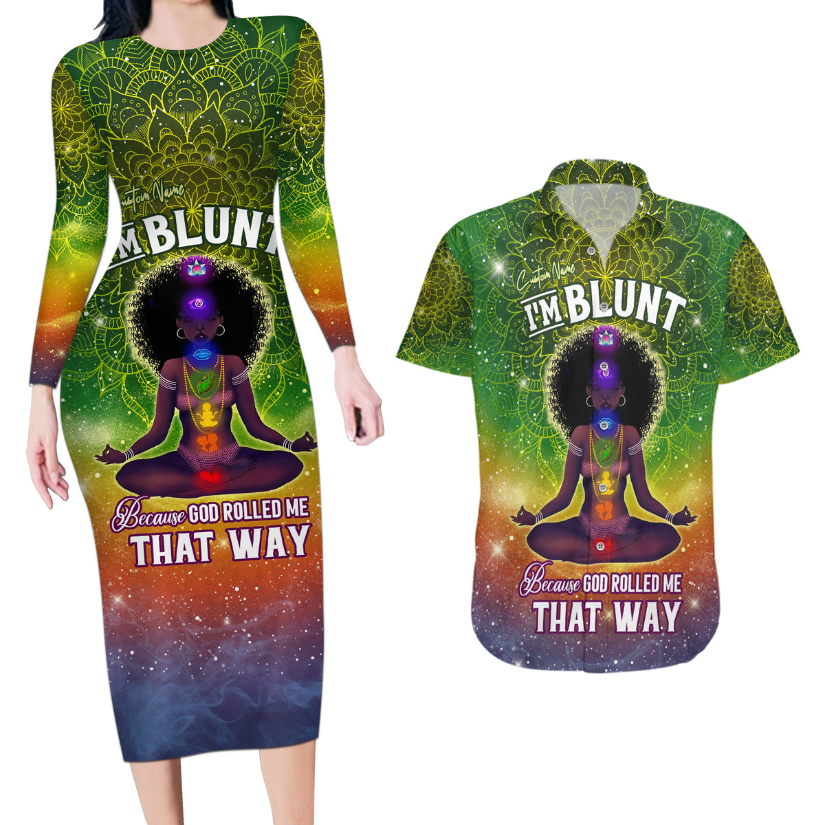 I'm Blunt African Couples Matching Long Sleeve Bodycon Dress and Hawaiian Shirt Black Women Mandala - Wonder Print Shop