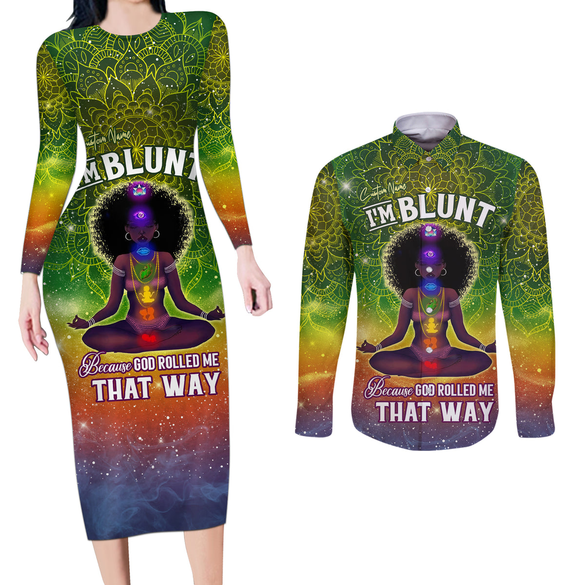 I'm Blunt African Couples Matching Long Sleeve Bodycon Dress and Long Sleeve Button Shirt Black Women Mandala - Wonder Print Shop