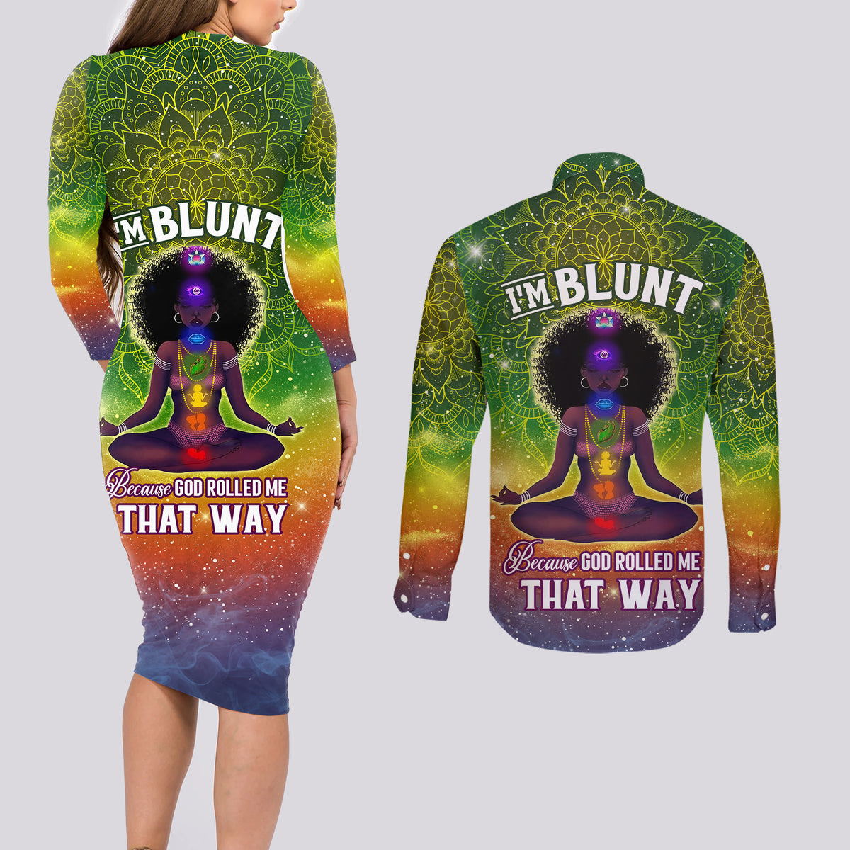 I'm Blunt African Couples Matching Long Sleeve Bodycon Dress and Long Sleeve Button Shirt Black Women Mandala - Wonder Print Shop