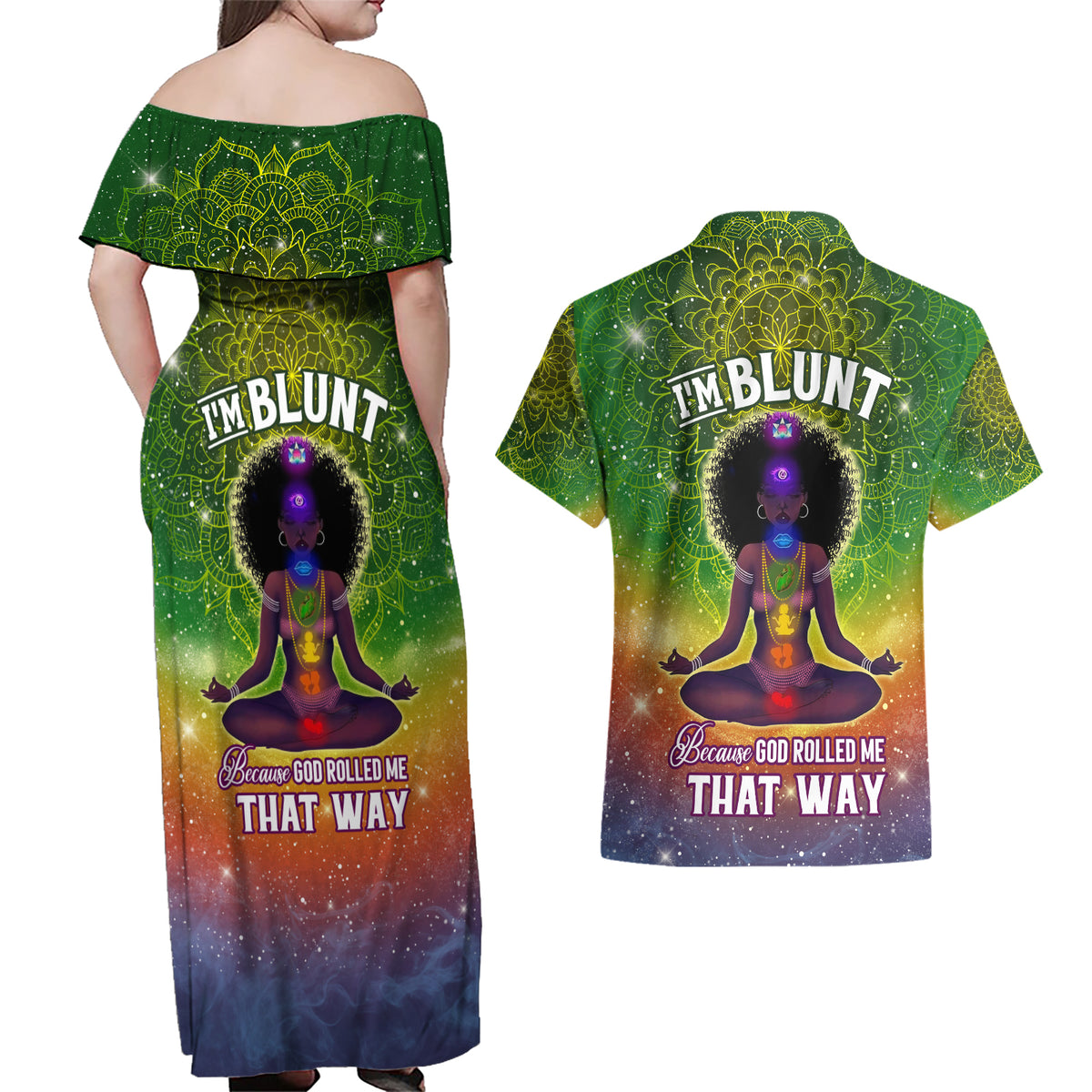 I'm Blunt African Couples Matching Off Shoulder Maxi Dress and Hawaiian Shirt Black Women Mandala - Wonder Print Shop