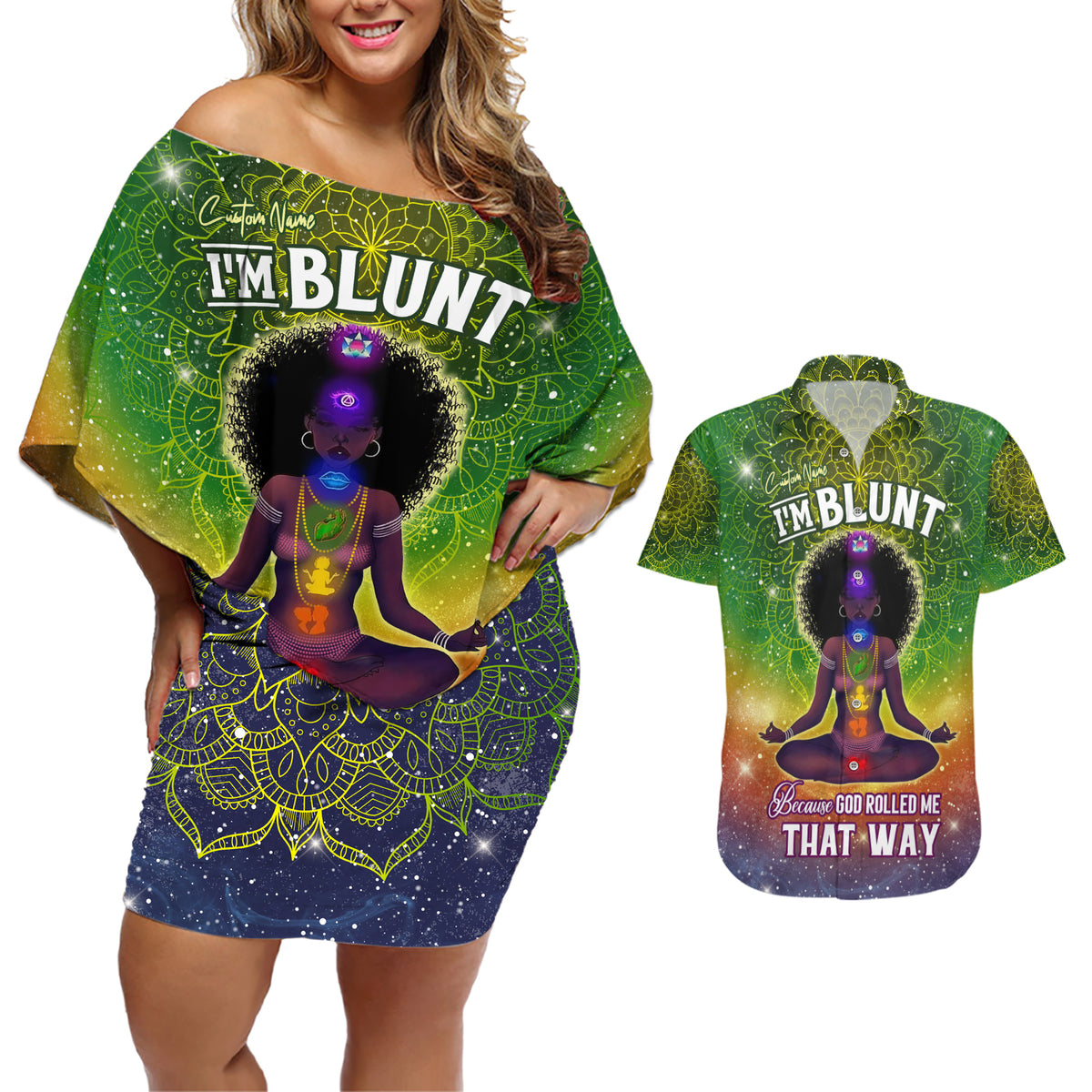 I'm Blunt African Couples Matching Off Shoulder Short Dress and Hawaiian Shirt Black Women Mandala - Wonder Print Shop