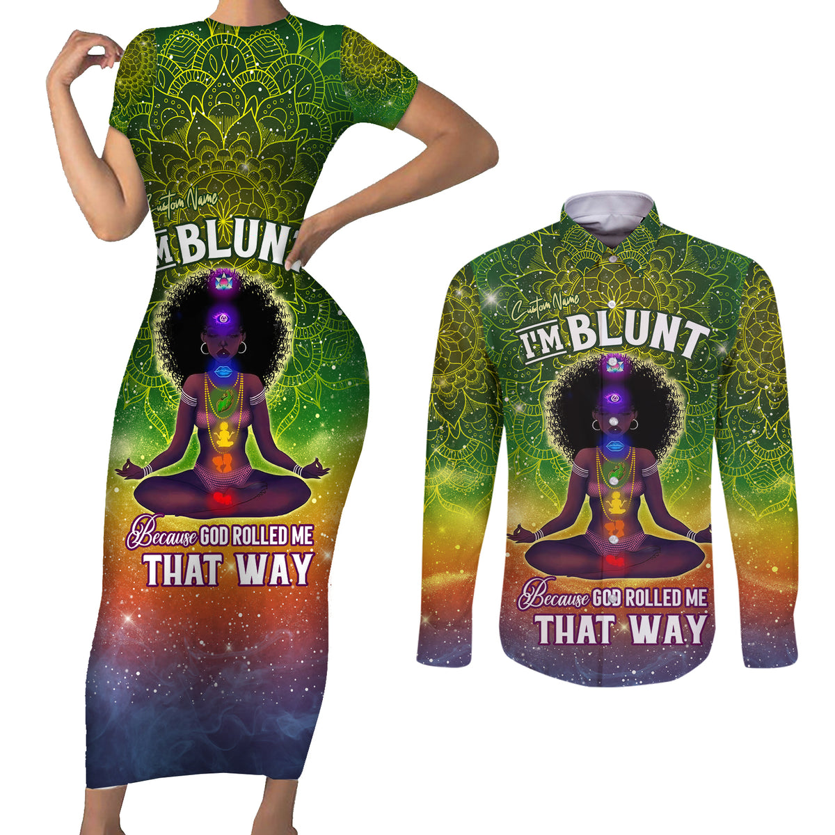 I'm Blunt African Couples Matching Short Sleeve Bodycon Dress and Long Sleeve Button Shirt Black Women Mandala - Wonder Print Shop