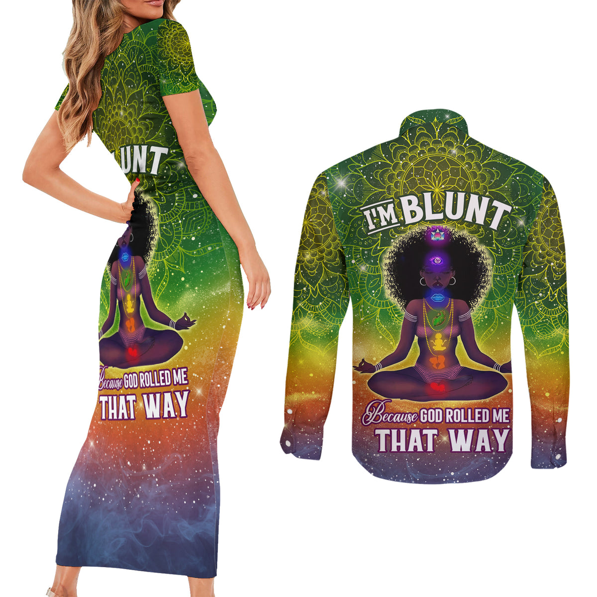 I'm Blunt African Couples Matching Short Sleeve Bodycon Dress and Long Sleeve Button Shirt Black Women Mandala - Wonder Print Shop