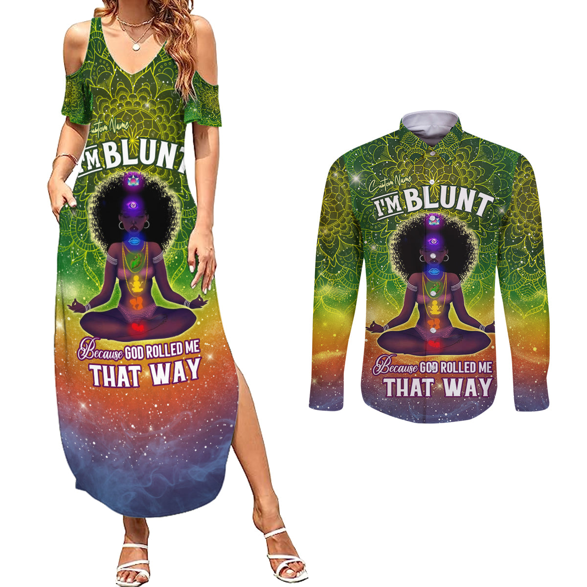 I'm Blunt African Couples Matching Summer Maxi Dress and Long Sleeve Button Shirt Black Women Mandala - Wonder Print Shop