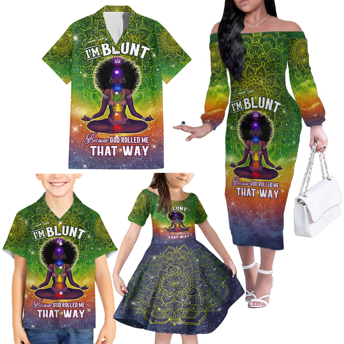 I'm Blunt African Family Matching Off Shoulder Long Sleeve Dress and Hawaiian Shirt Black Women Mandala - Wonder Print Shop