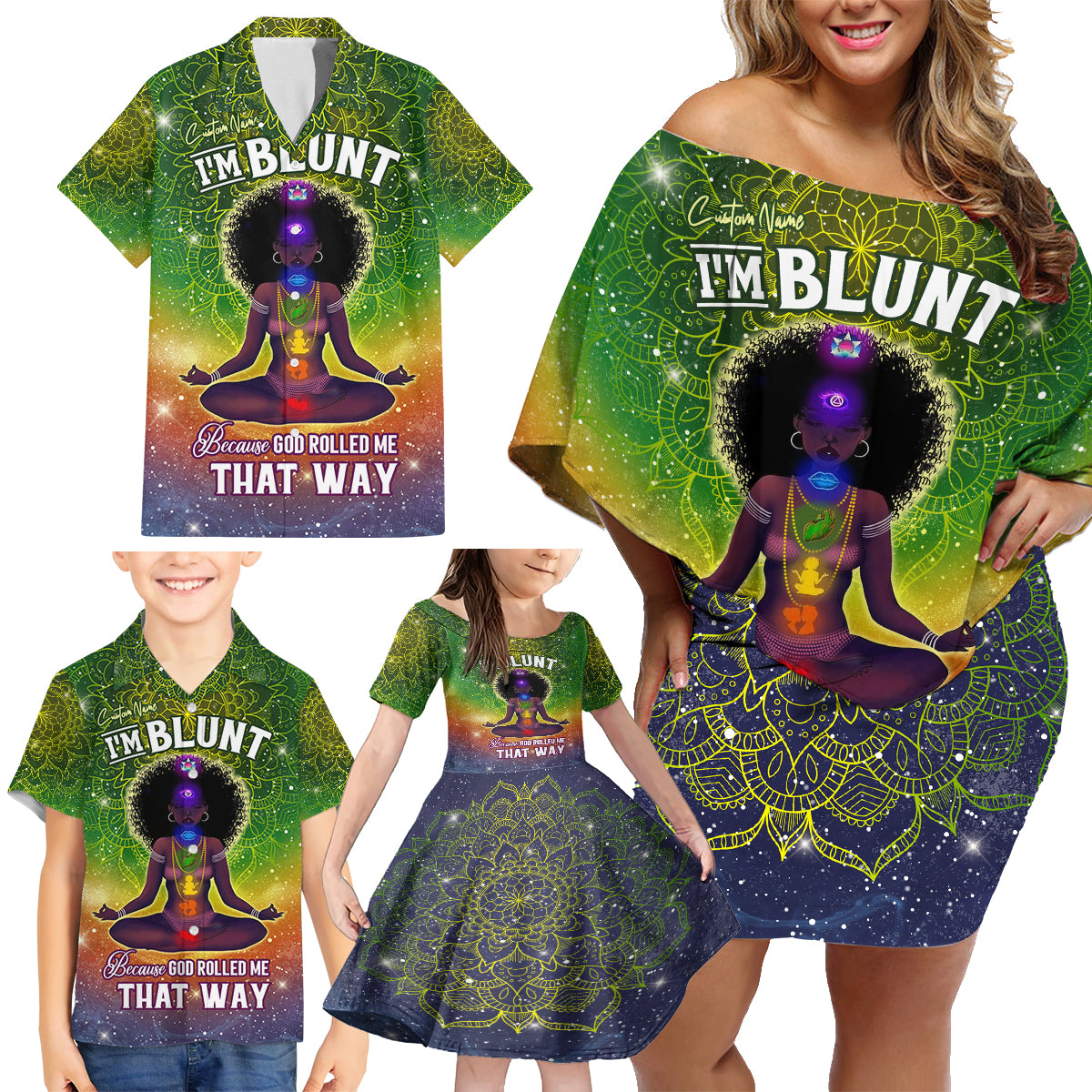 I'm Blunt African Family Matching Off Shoulder Short Dress and Hawaiian Shirt Black Women Mandala - Wonder Print Shop