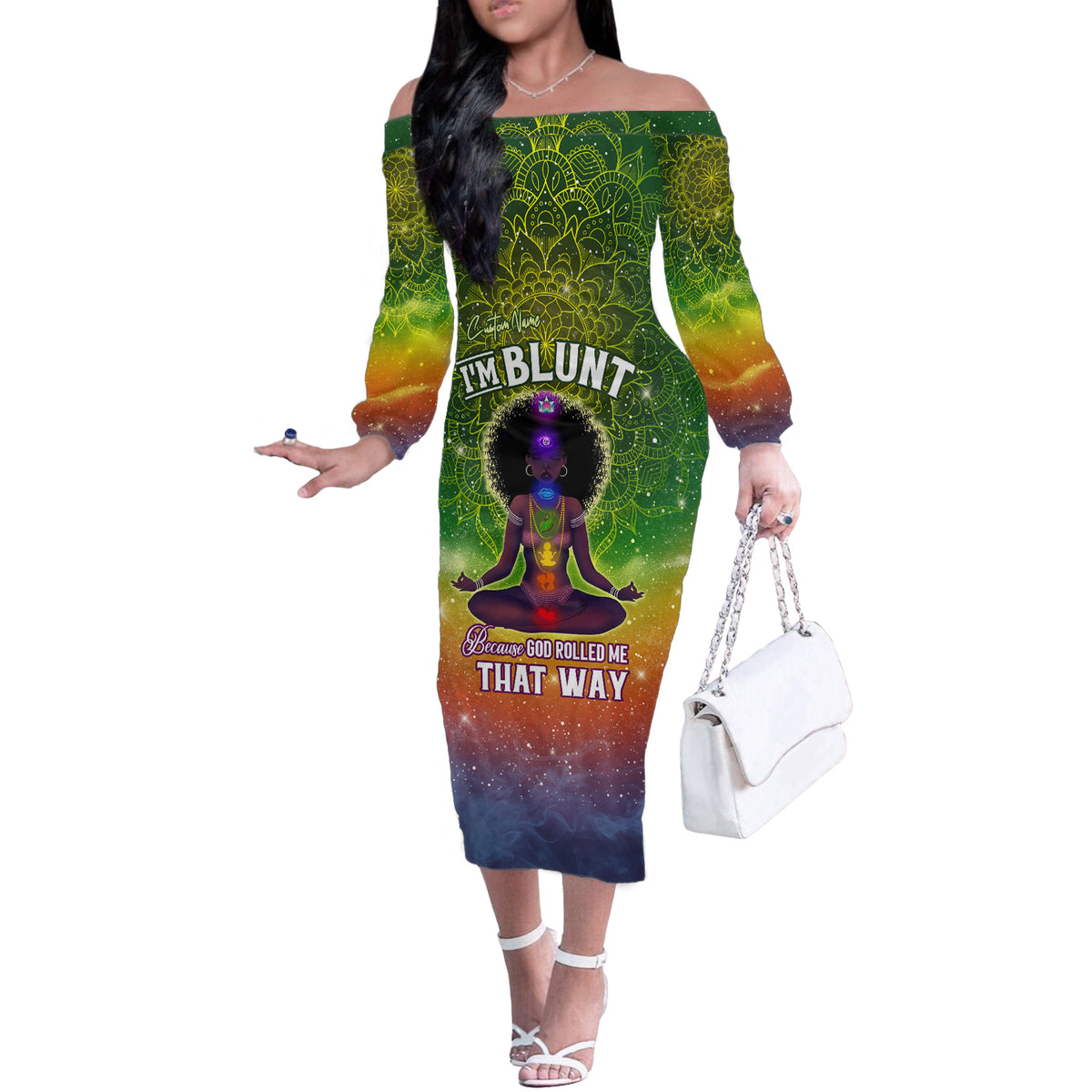 I'm Blunt African Off The Shoulder Long Sleeve Dress Black Women Mandala - Wonder Print Shop