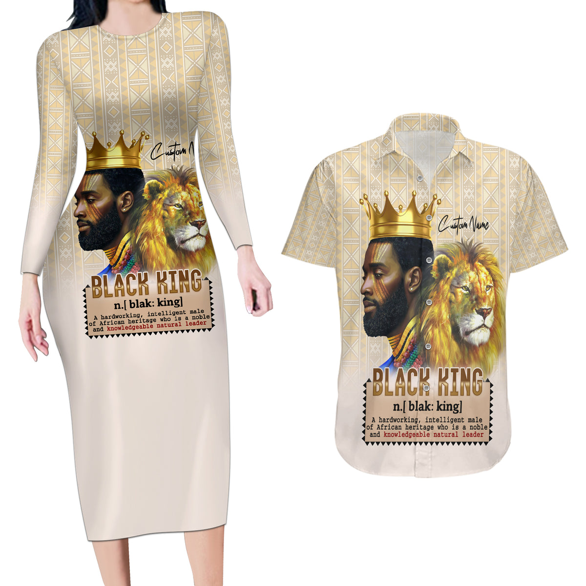 Lion Black King Couples Matching Long Sleeve Bodycon Dress and Hawaiian Shirt African Heritage - Wonder Print Shop