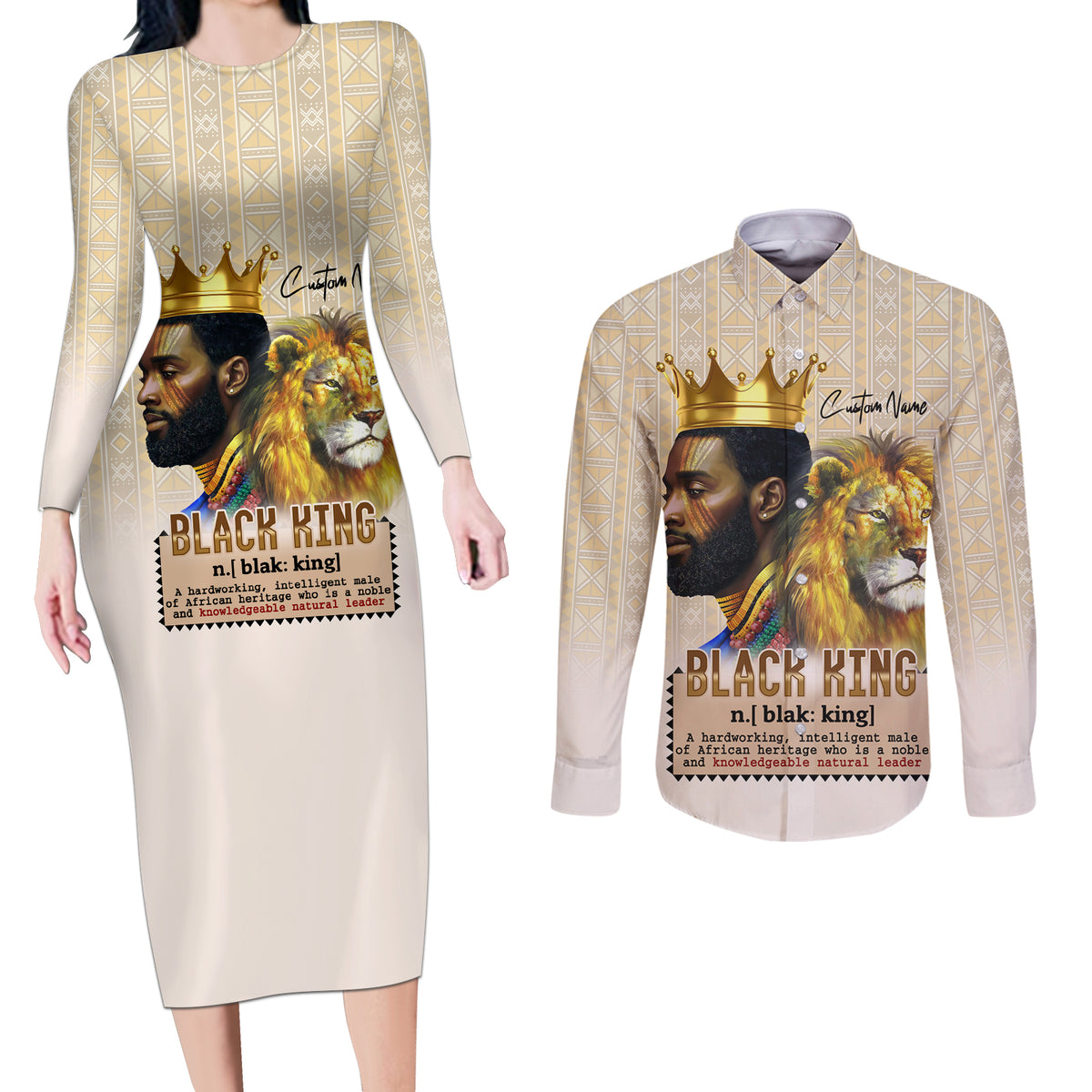 Lion Black King Couples Matching Long Sleeve Bodycon Dress and Long Sleeve Button Shirt African Heritage - Wonder Print Shop
