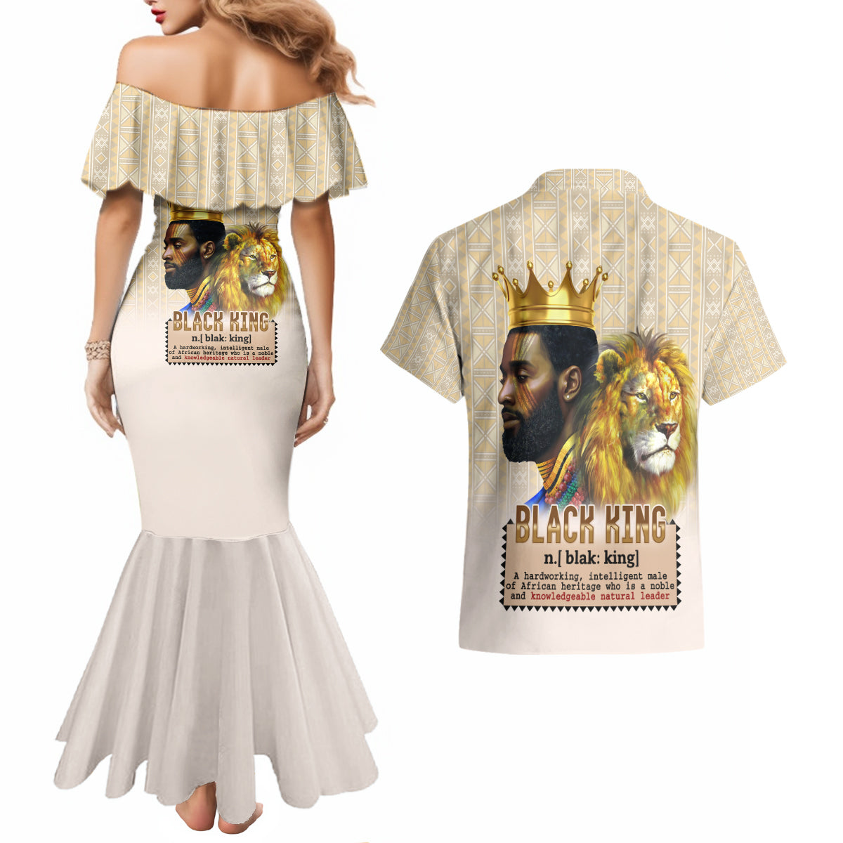 Lion Black King Couples Matching Mermaid Dress and Hawaiian Shirt African Heritage - Wonder Print Shop