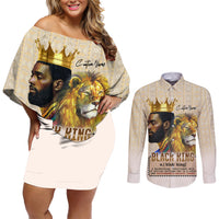 Lion Black King Couples Matching Off Shoulder Short Dress and Long Sleeve Button Shirt African Heritage - Wonder Print Shop