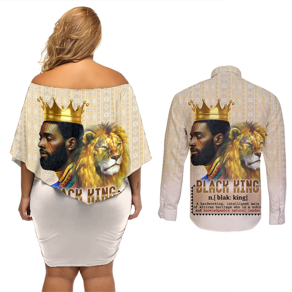 Lion Black King Couples Matching Off Shoulder Short Dress and Long Sleeve Button Shirt African Heritage - Wonder Print Shop