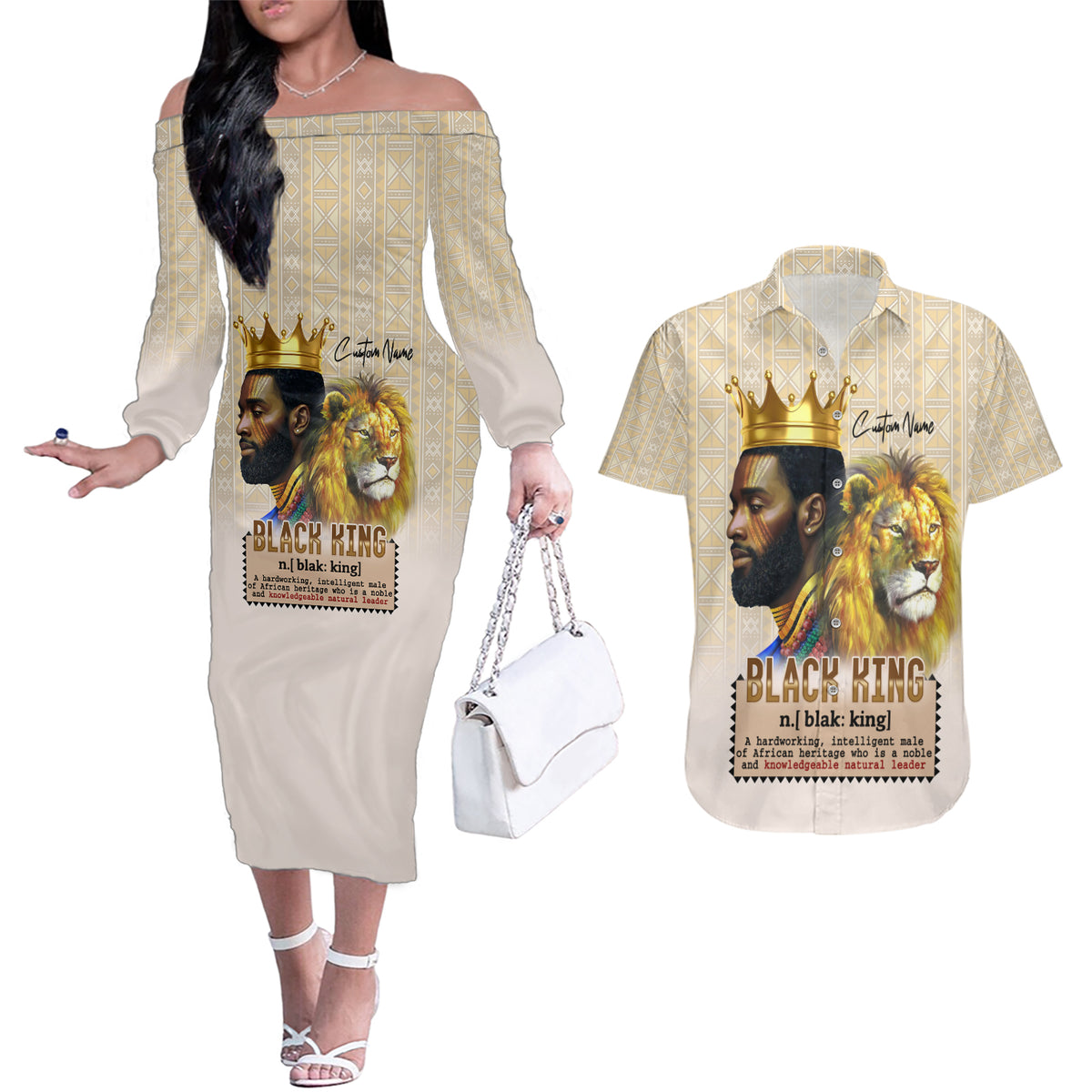 Lion Black King Couples Matching Off The Shoulder Long Sleeve Dress and Hawaiian Shirt African Heritage - Wonder Print Shop