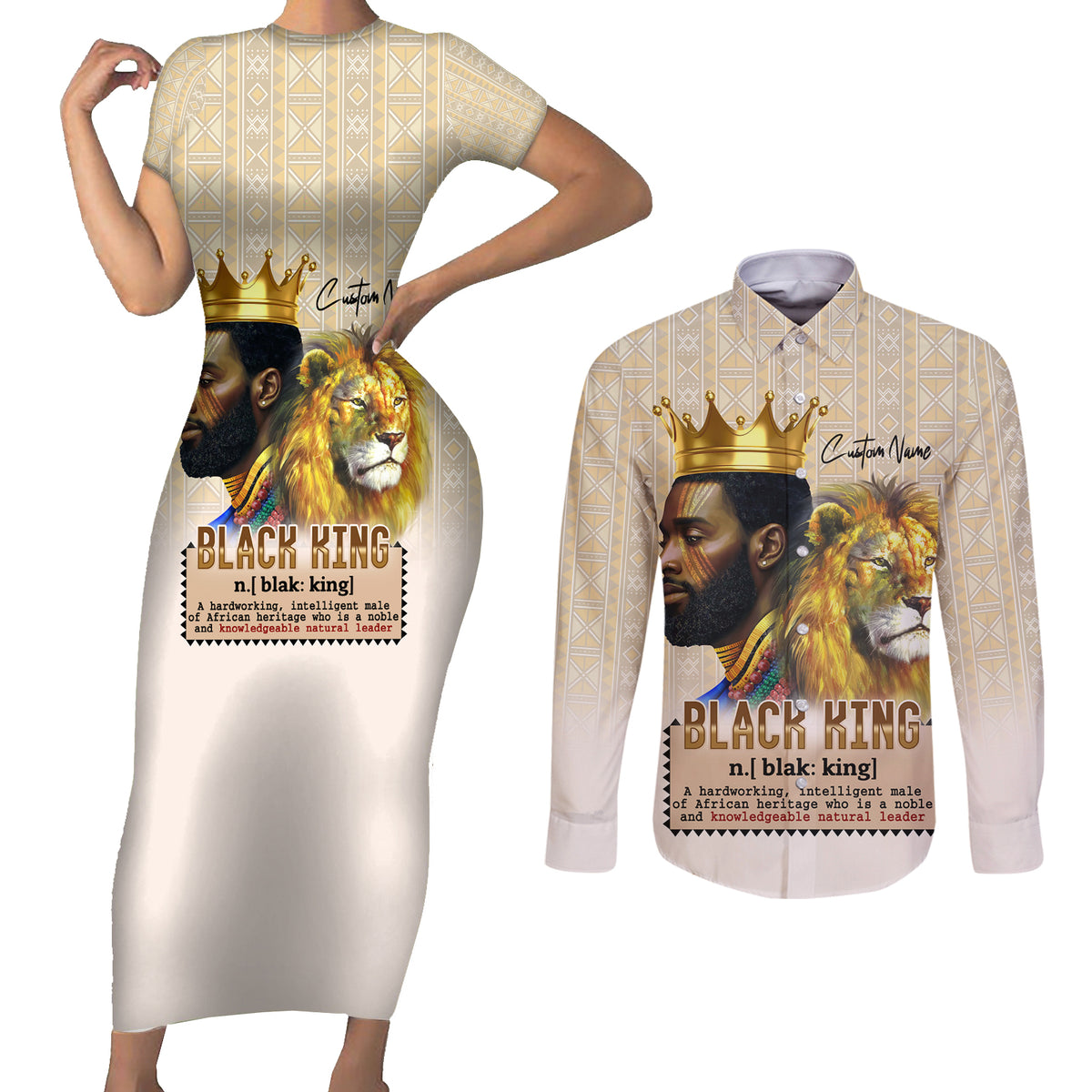 Lion Black King Couples Matching Short Sleeve Bodycon Dress and Long Sleeve Button Shirt African Heritage - Wonder Print Shop