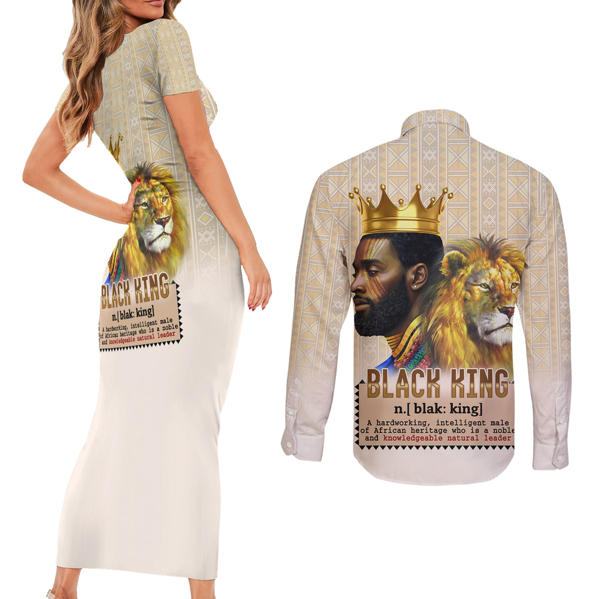 Lion Black King Couples Matching Short Sleeve Bodycon Dress and Long Sleeve Button Shirt African Heritage - Wonder Print Shop