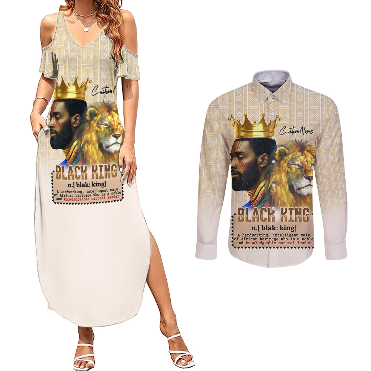Lion Black King Couples Matching Summer Maxi Dress and Long Sleeve Button Shirt African Heritage - Wonder Print Shop