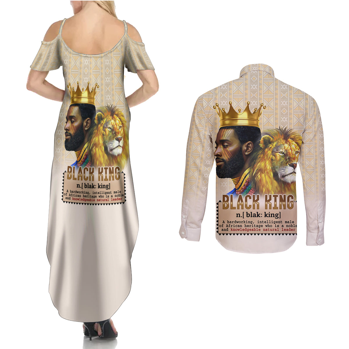 Lion Black King Couples Matching Summer Maxi Dress and Long Sleeve Button Shirt African Heritage - Wonder Print Shop