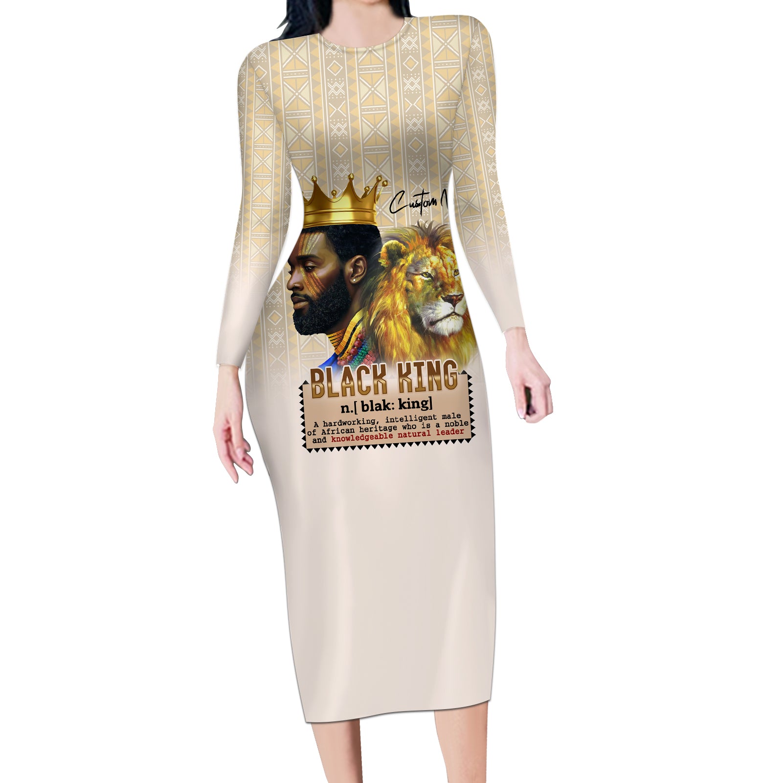 Lion Black King Long Sleeve Bodycon Dress African Heritage - Wonder Print Shop