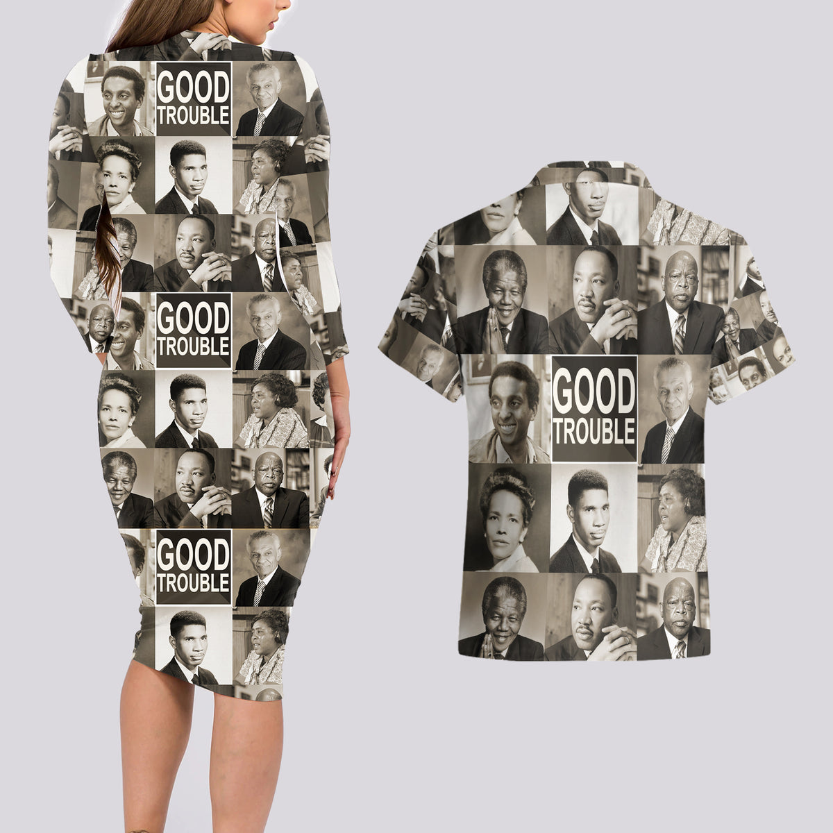 Good Trouble Couples Matching Long Sleeve Bodycon Dress and Hawaiian Shirt Civil Rights Leaders - Wonder Print Shop