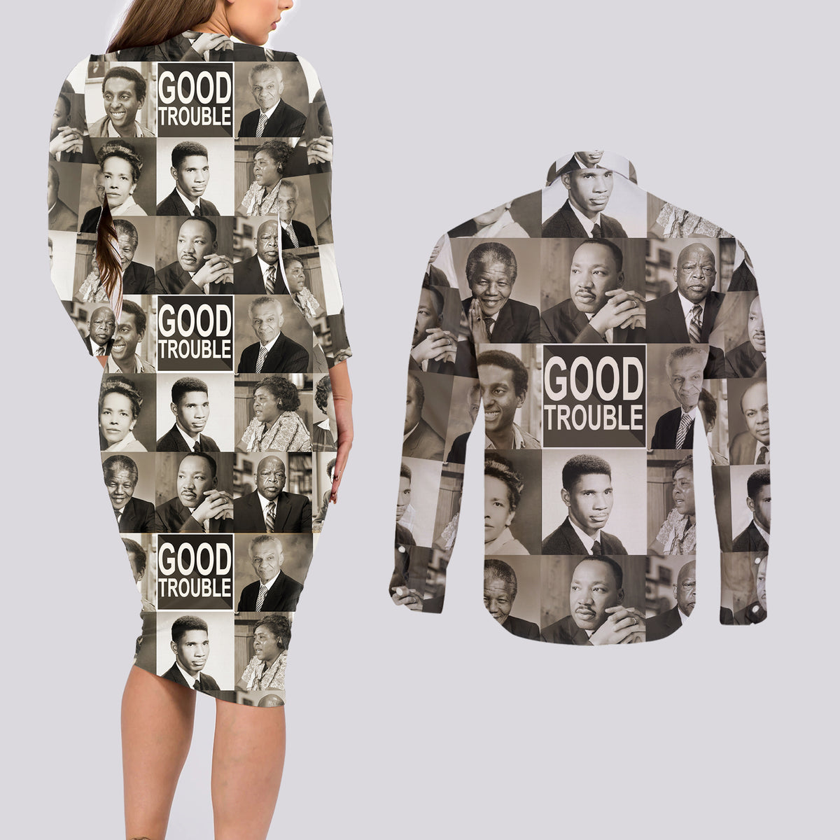 Good Trouble Couples Matching Long Sleeve Bodycon Dress and Long Sleeve Button Shirt Civil Rights Leaders - Wonder Print Shop