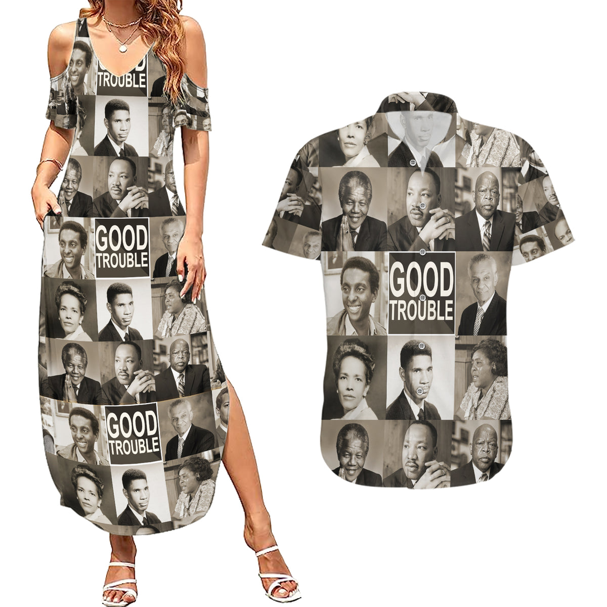 Good Trouble Couples Matching Summer Maxi Dress and Hawaiian Shirt Civil Rights Leaders - Wonder Print Shop