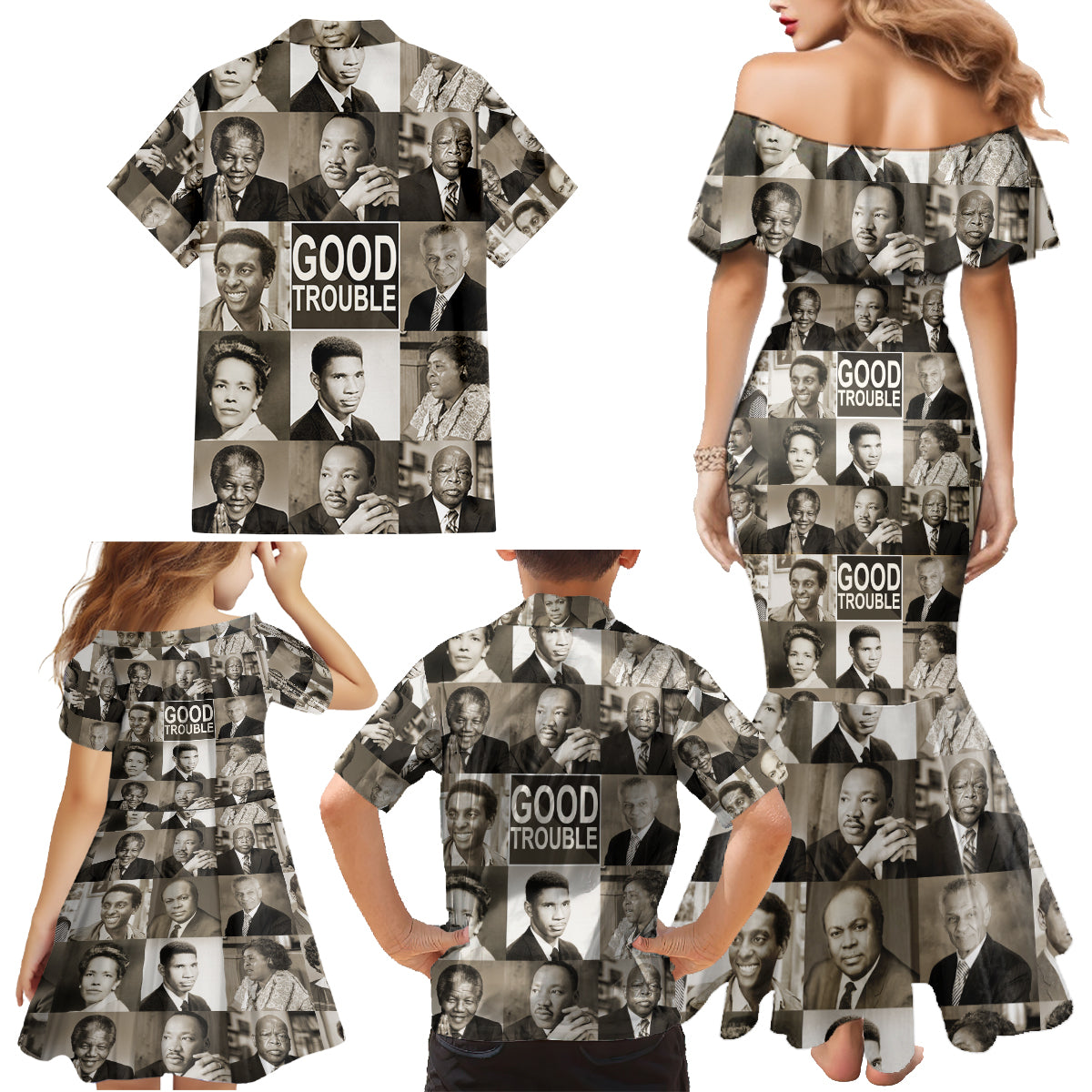 Good Trouble Family Matching Mermaid Dress and Hawaiian Shirt Civil Rights Leaders - Wonder Print Shop