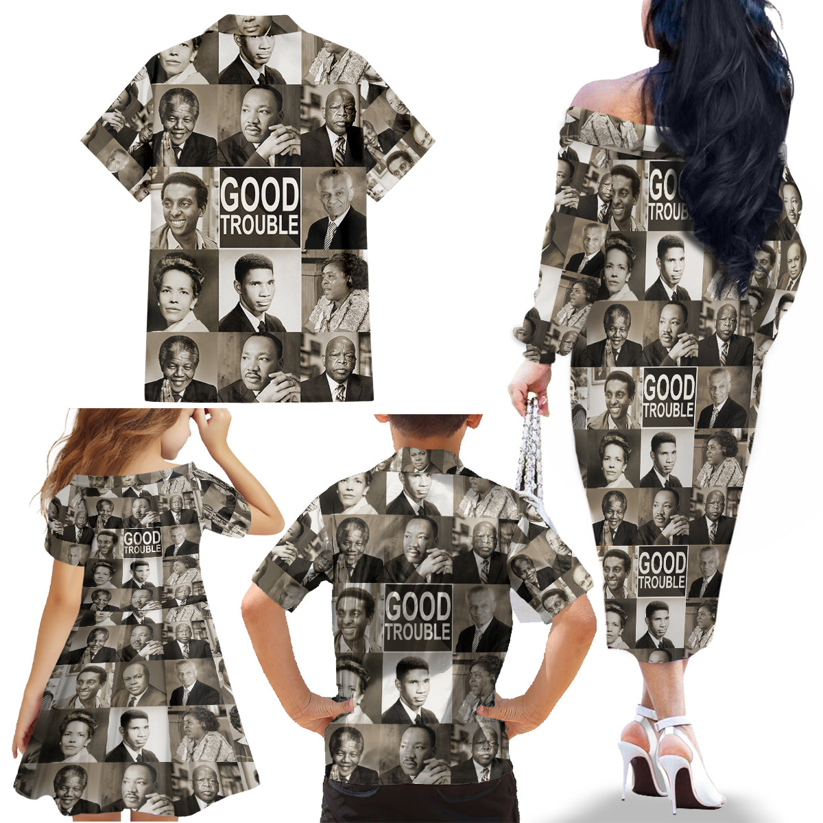 Good Trouble Family Matching Off Shoulder Long Sleeve Dress and Hawaiian Shirt Civil Rights Leaders - Wonder Print Shop