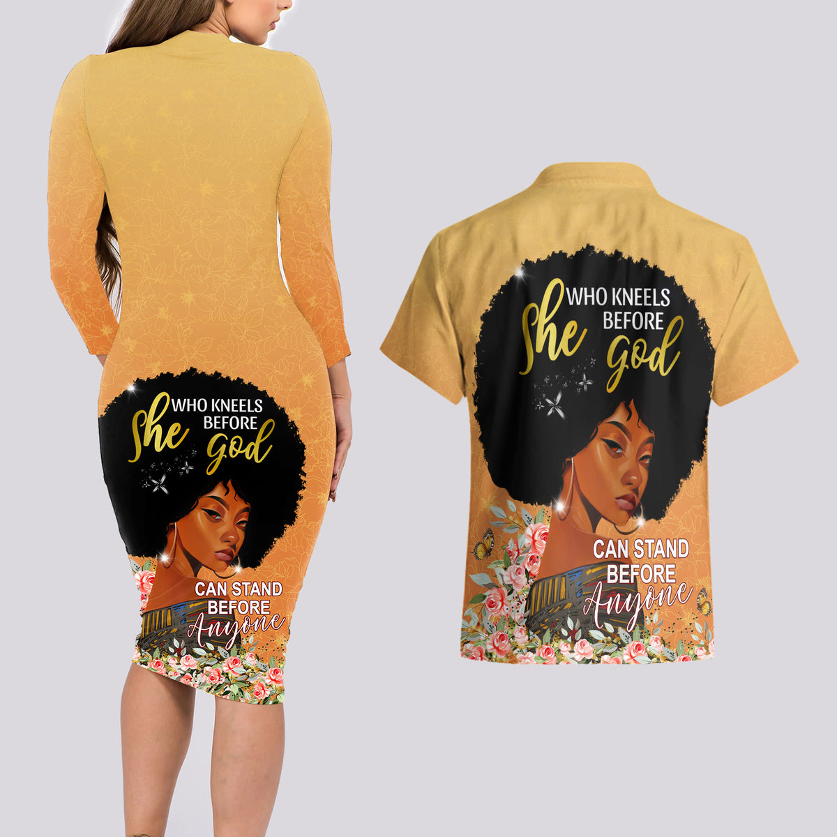 Personalized African Black Women Couples Matching Long Sleeve Bodycon Dress and Hawaiian Shirt She Who Kneels Before God - Wonder Print Shop