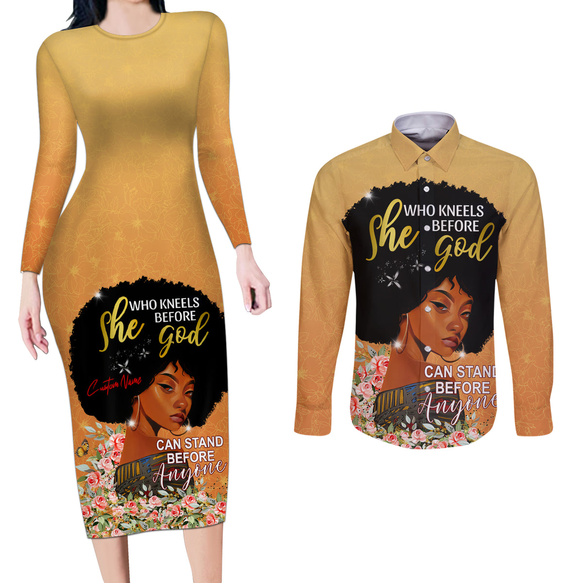 Personalized African Black Women Couples Matching Long Sleeve Bodycon Dress and Long Sleeve Button Shirt She Who Kneels Before God - Wonder Print Shop